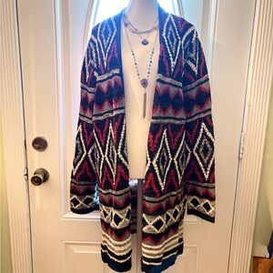 Always Geometric Aztec Knit Cardigan - Red, Black, White